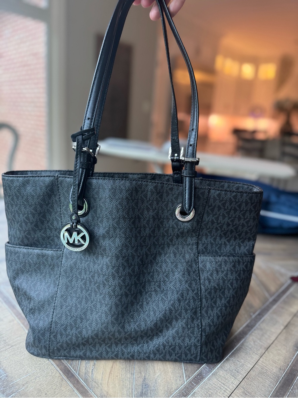 Michael Kors Jet Set Black MK Signature Logo Large Tote Bag Purse